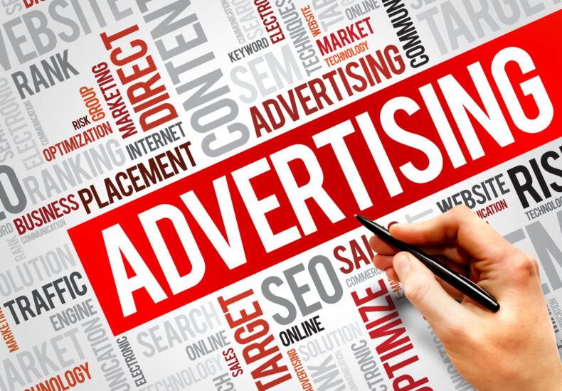 Graphic of Advertising keywords in red and grey, like advertising, seo, market, and so on
