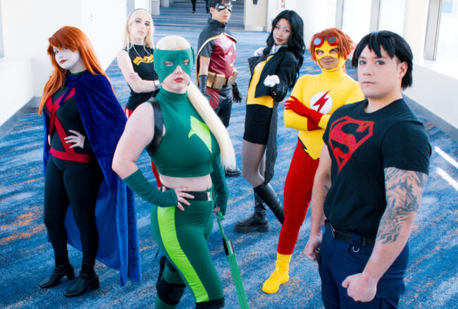 A group of cosplayers at Wondercon, dressed up as Young Justice